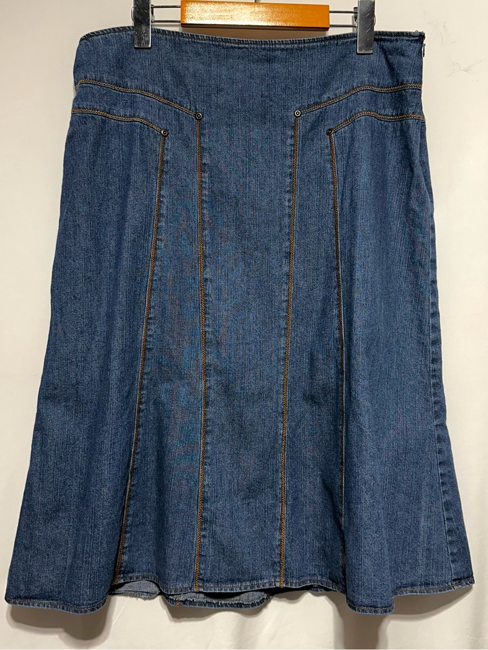 Y2K Western Denim Midi Skirt Size 12 A-Line Contrast Stitch Paneled Cowgirl